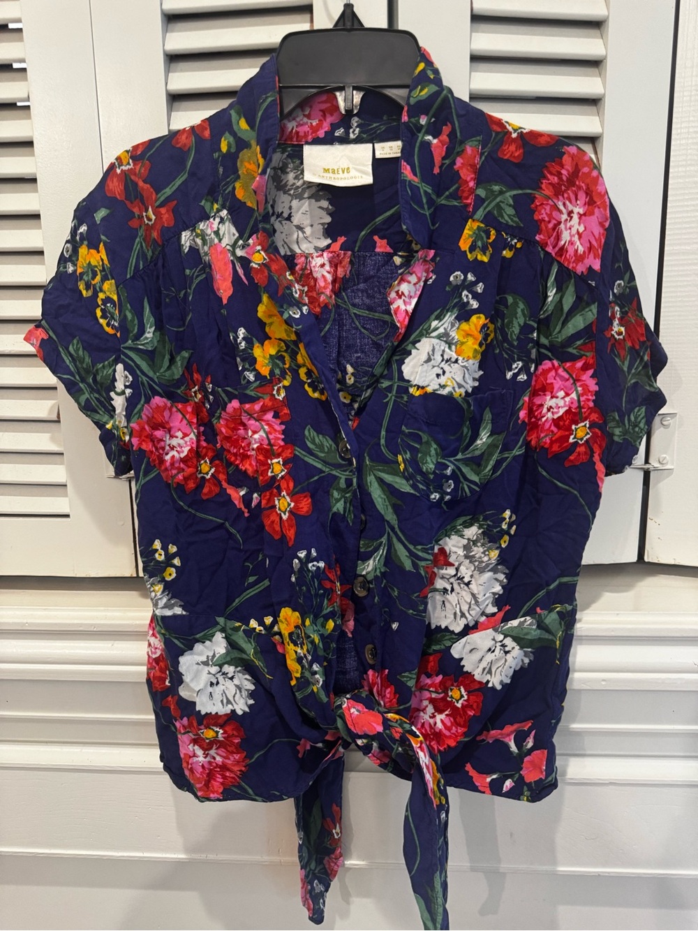 Anthropologie Navy Floral Tie-Front Button-Up Blouse
